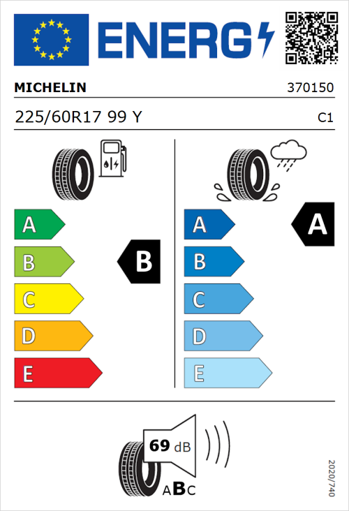 Tyre Label for Michelin Primacy 3 225/60R17 99Y