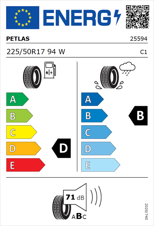 Tyre Label for Petlas Velox Sport PT741 225/50R17 94W