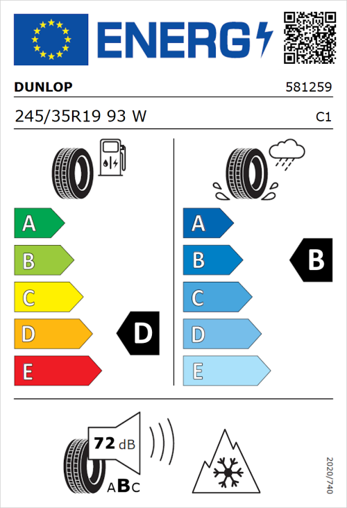 Tyre Label for Dunlop SP Winter Sport 5 245/35R19 93W