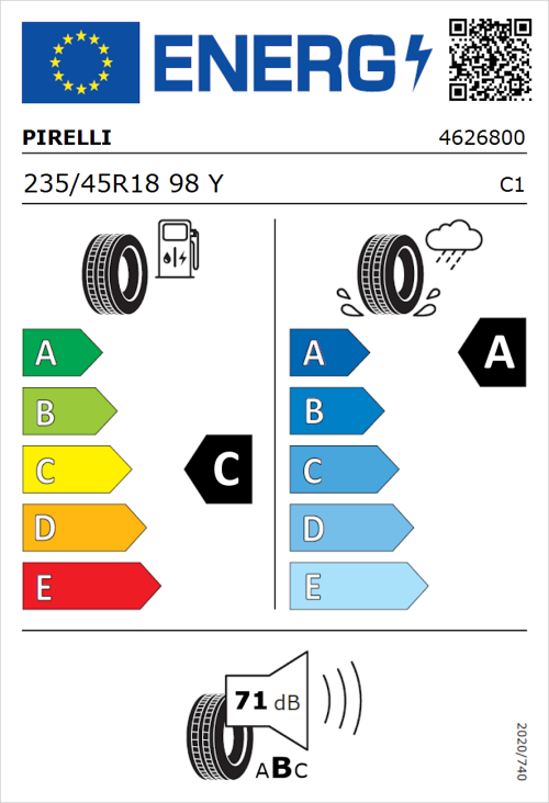 Tyre Label for Pirelli Cinturato C3 235/45R18 98Y