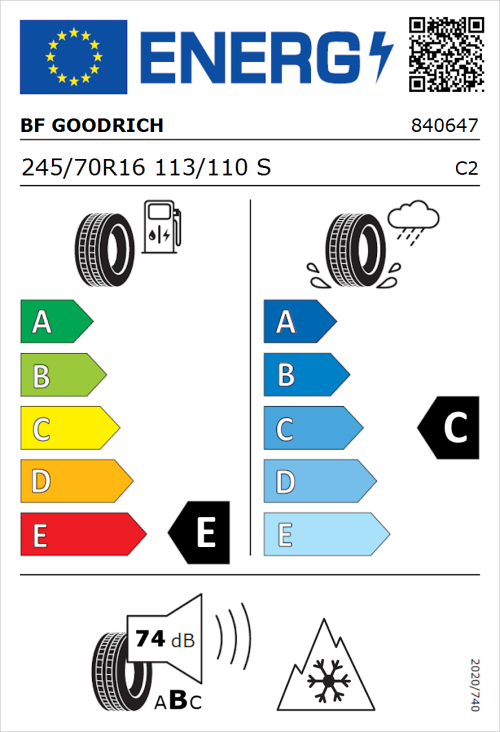 Tyre Label for BF Goodrich All-Terrain T/A KO3 245/70R16 113/110S