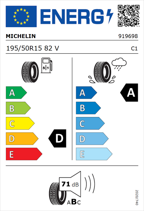 Tyre Label for Michelin Pilot Sport 3 195/50R15 82V